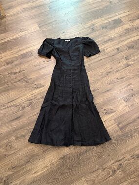 Reformation Black Button-Front Dress with Puff Sleeves